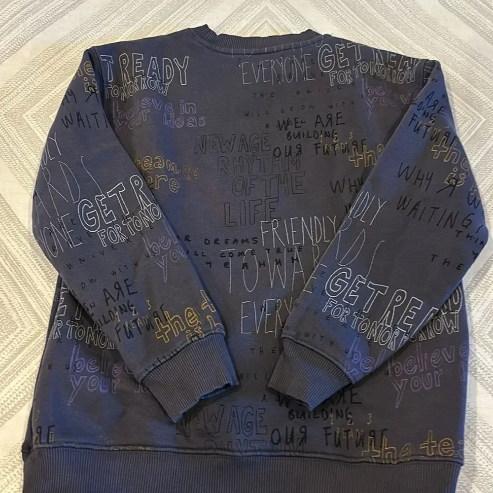 Zara Boys Dark Grey Crewneck Sweatshirtry with Text Writing All Over - Size 9